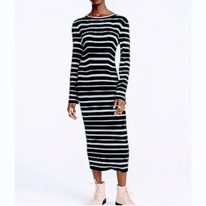 J. Crew Knit Dress Ribbed Striped Stretchy Bell Sleeve Midi Black White Small